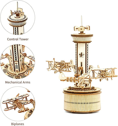 Artfutale Airplane Control Tower Mechanical Music Box 3D Wooden Puzzle