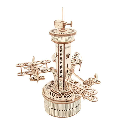 Artfutale Airplane Control Tower Mechanical Music Box 3D Wooden Puzzle