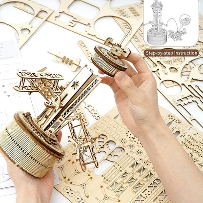 Artfutale Airplane Control Tower Mechanical Music Box 3D Wooden Puzzle