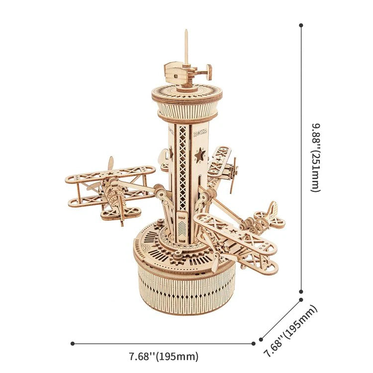 Artfutale Airplane Control Tower Mechanical Music Box 3D Wooden Puzzle