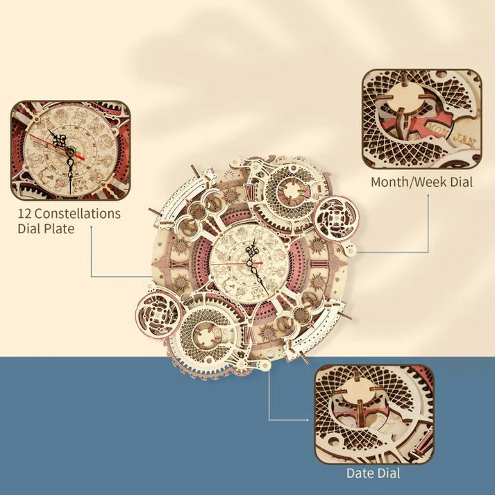 Artfutale Zodiac Wall Clock Mechanical Time Art Engine 3D Wooden Puzzle